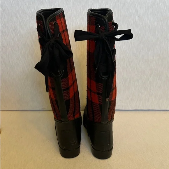 Coach Womens Tristee Black Red Plaid Rubber Lace-Up Knee High Rain Boots Size 10 - Picture 4 of 13